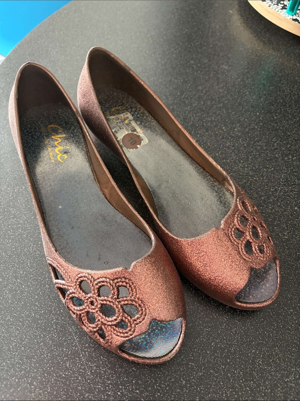 Glitter Floral Peep-Toe Flats - Rose Bronze - Picture 5 of 7